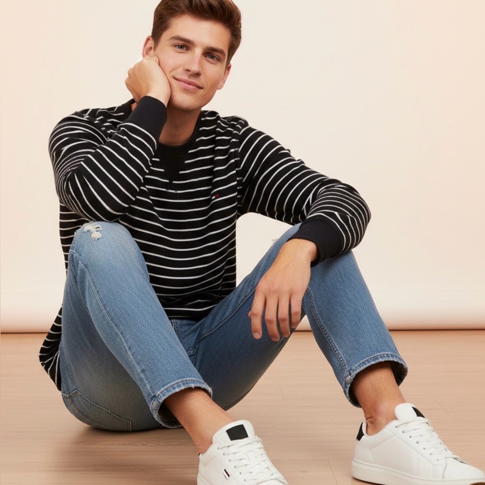 Tommy Hilfiger Mens Size L Striped Navy White Waffle Knit Pullover Preppy New‎